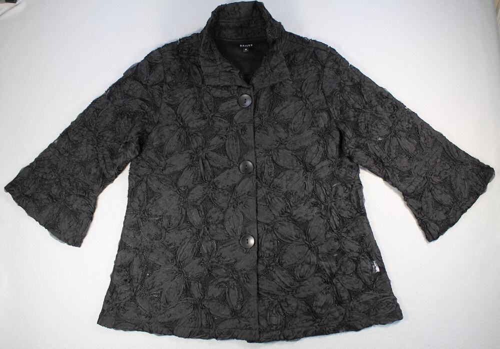 Damee Jacket Womens S Black Lace Beaded Floral 3/4 Sleeve Lined Short Dressy